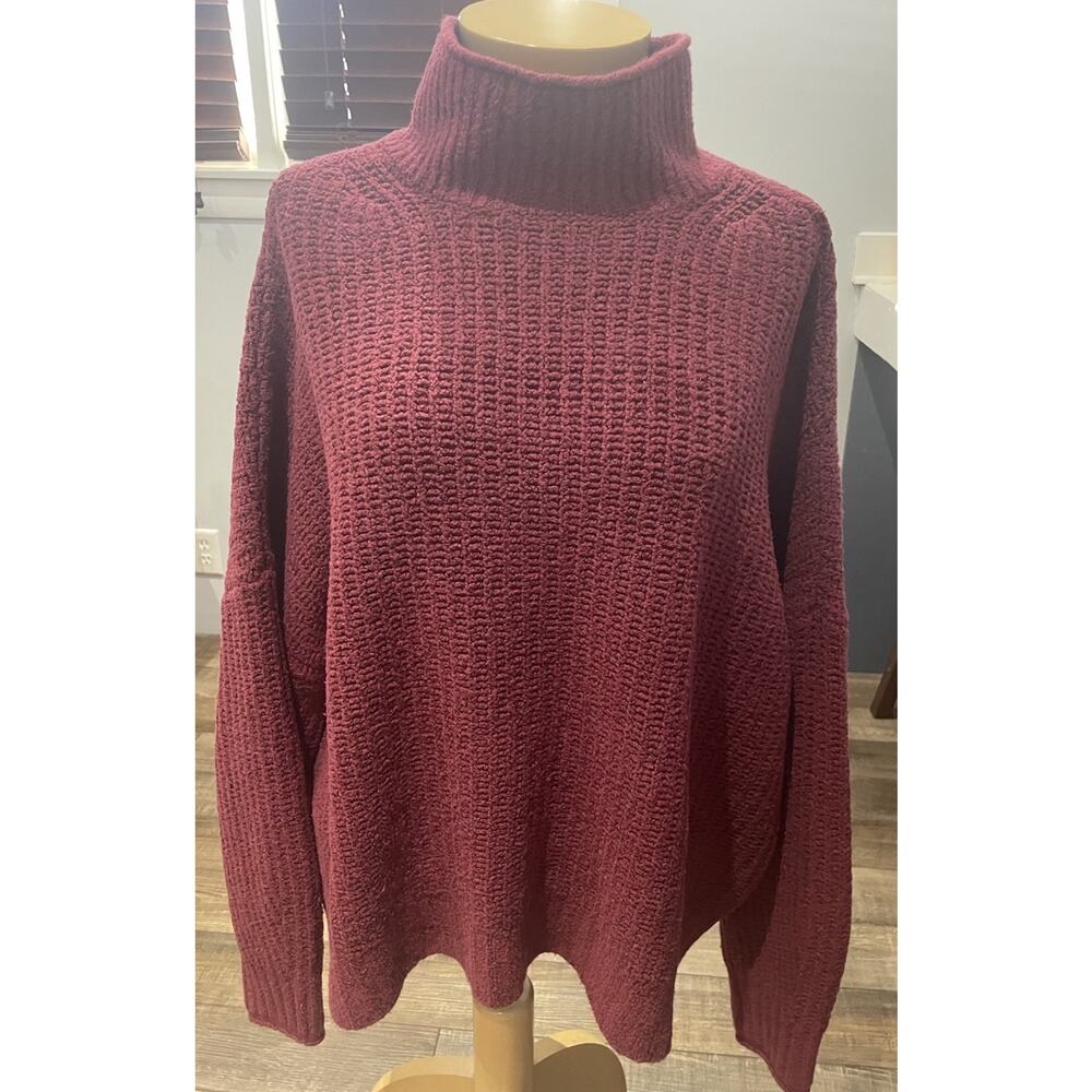 American Eagle Chunky Knit Oversized Mock Neck Slouchy Burgundy Sweater XXL Boho